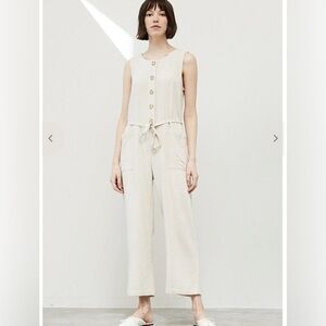 Grade & Gather Linen Blend Sleeveless Button-Front Jumpsuit Beige Sz Small